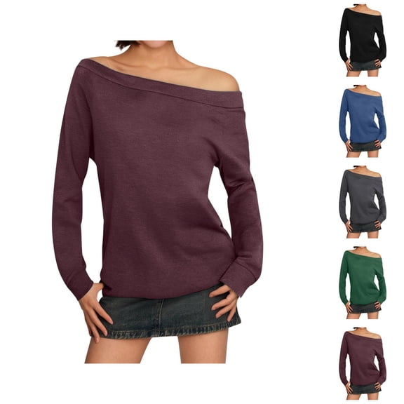 Fall Shirts for Women 2025 Long Sleeve Off Shoulder Casual Loose Tshirt Shirt Blouse Womens Fall Tops