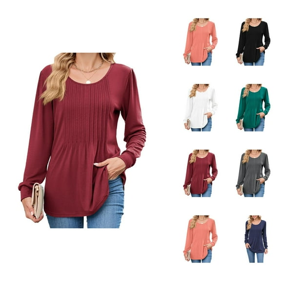 Fall Shirts for Women 2025 Long Sleeve Scoop Neck Pleated Front Casual Loose Dressy Casual Blouse Womens Fall Tops