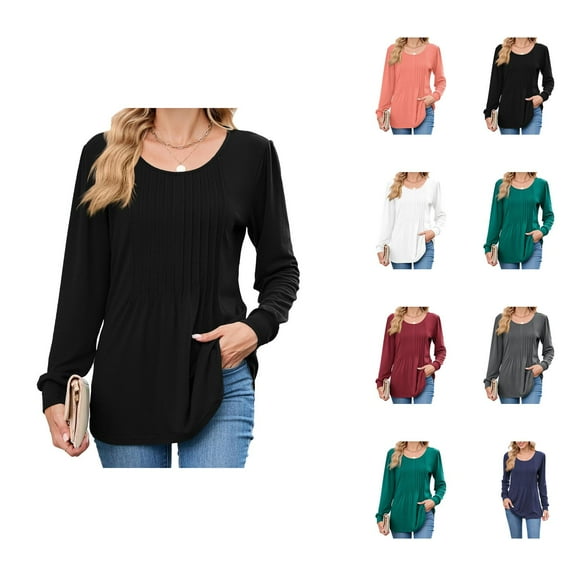 Fall Shirts for Women 2025 Long Sleeve Scoop Neck Pleated Front Casual Loose Dressy Casual Blouse Womens Fall Tops
