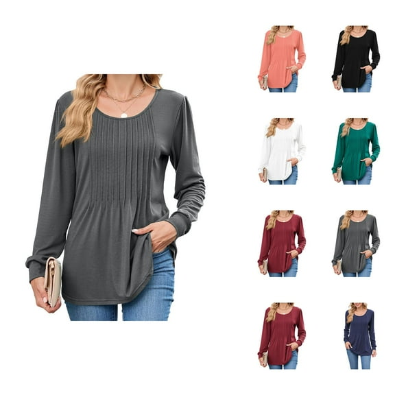 Fall Shirts for Women 2025 Long Sleeve Scoop Neck Pleated Front Casual Loose Dressy Casual Blouse Womens Fall Tops