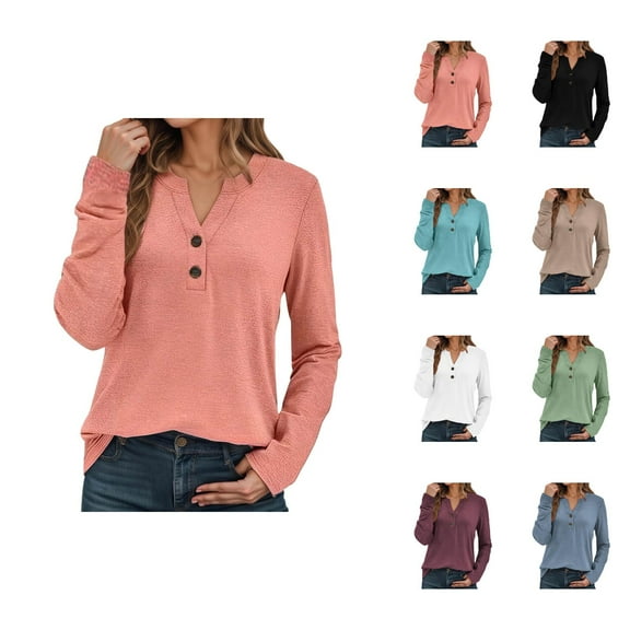 Fall Shirts for Women 2025 Long Sleeve V-Neck Button Casual Loose Tshirt Shirt Blouse Womens Fall Tops