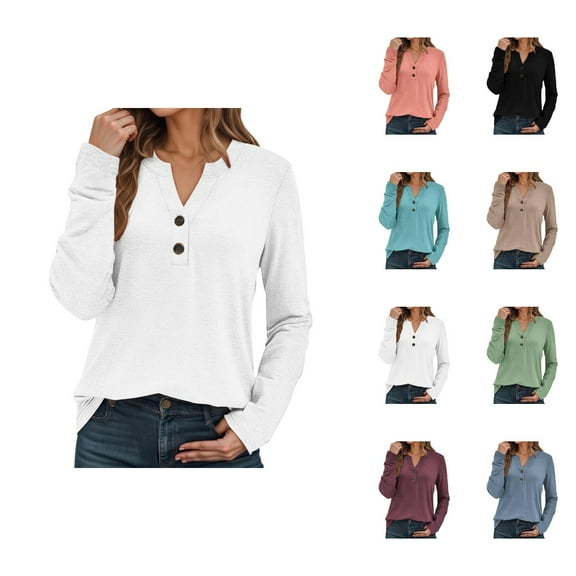 Fall Shirts for Women 2025 Long Sleeve V-Neck Button Casual Loose Tshirt Shirt Blouse Womens Fall Tops