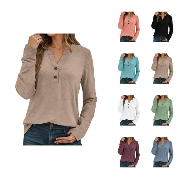 Fall Shirts for Women 2025 Long Sleeve V-Neck Button Casual Loose Tshirt Shirt Blouse Womens Fall Tops