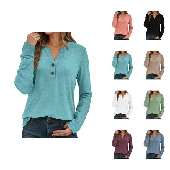 Fall Shirts for Women 2025 Long Sleeve V-Neck Button Casual Loose Tshirt Shirt Blouse Womens Fall Tops