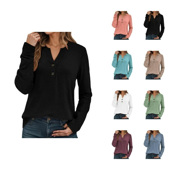Fall Shirts for Women 2025 Long Sleeve V-Neck Button Casual Loose Tshirt Shirt Blouse Womens Fall Tops