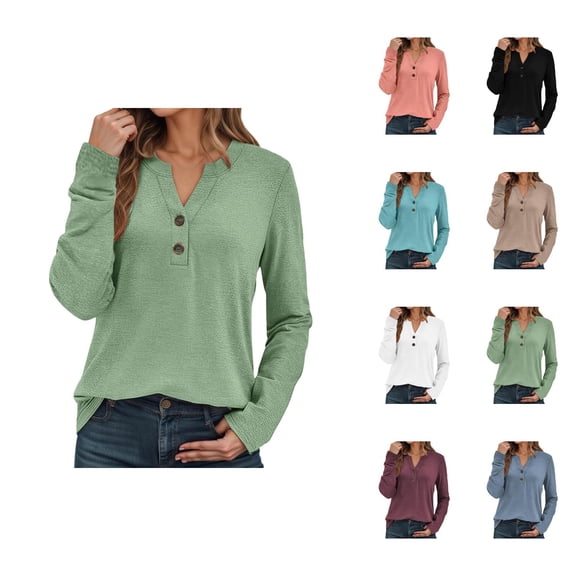 Fall Shirts for Women 2025 Long Sleeve V-Neck Button Casual Loose Tshirt Shirt Blouse Womens Fall Tops