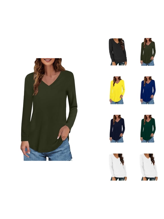 Fall Shirts for Women 2025 Long Sleeve V-Neck Loose Fit Plain Basic Undershirt Tshirt Shirt Blouse Tops