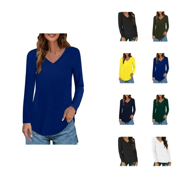 Fall Shirts for Women 2025 Long Sleeve V-Neck Loose Fit Plain Basic Undershirt Tshirt Shirt Blouse Tops