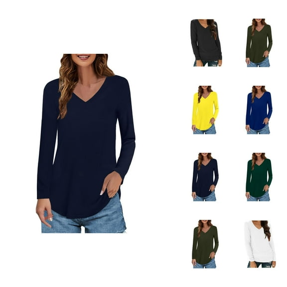 Fall Shirts for Women 2025 Long Sleeve V-Neck Loose Fit Plain Basic Undershirt Tshirt Shirt Blouse Tops