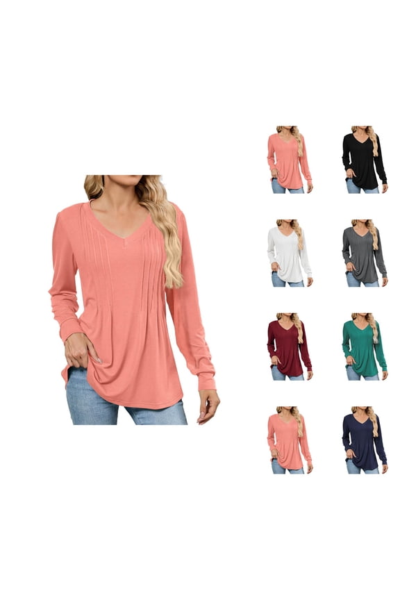Fall Shirts for Women 2025 Long Sleeve V-Neck Pleated Front Loose Fit Dressy Casual Blouse Womens Fall Tops