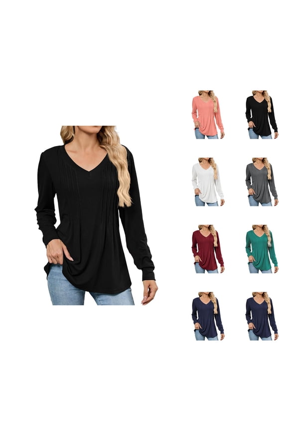 Fall Shirts for Women 2025 Long Sleeve V-Neck Pleated Front Loose Fit Dressy Casual Blouse Womens Fall Tops