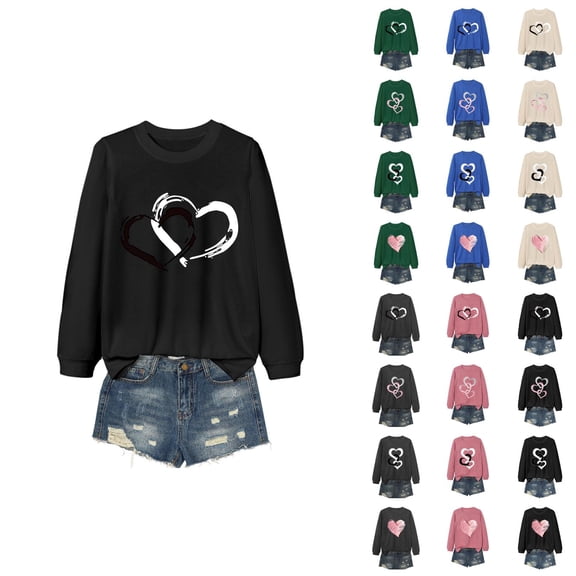 Fall Shirts for Women 2025 Love Heart Print Casual Crewneck Basic Shirt Valentines Blouse Long Sleeve Shirts for Women