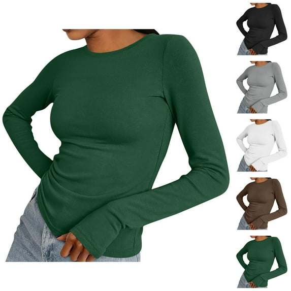 Fall Shirts for Women 2025 Solid Color Basic Shirt Crewneck with Thumb Hole Casual Blouse Long Sleeve Shirts for Women