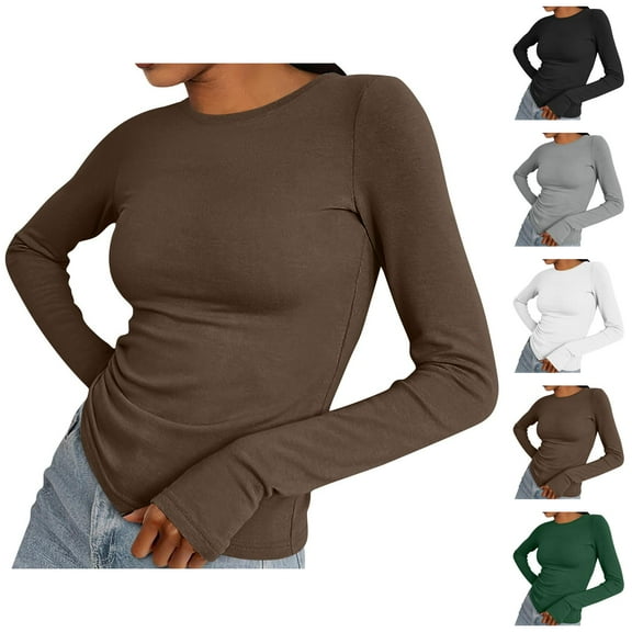 Fall Shirts for Women 2025 Solid Color Basic Shirt Crewneck with Thumb Hole Casual Blouse Long Sleeve Shirts for Women