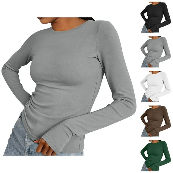 Fall Shirts for Women 2025 Solid Color Basic Shirt Crewneck with Thumb Hole Casual Blouse Long Sleeve Shirts for Women