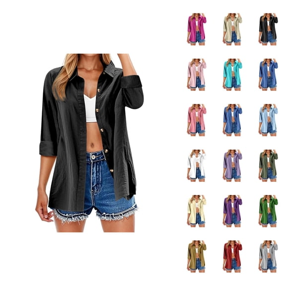 Fall Shirts for Women 2025 Solid Color Button Down Lapel Lightweight Linen Blouse Tops Long Sleeve Shirts for Women