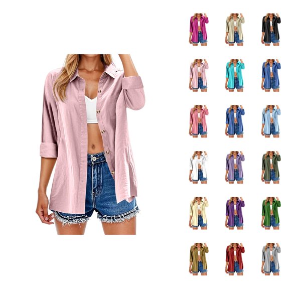 Fall Shirts for Women 2025 Solid Color Button Down Lapel Lightweight Linen Blouse Tops Long Sleeve Shirts for Women