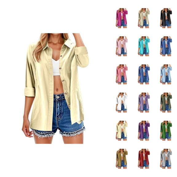 Fall Shirts for Women 2025 Solid Color Button Down Lapel Lightweight Linen Blouse Tops Long Sleeve Shirts for Women