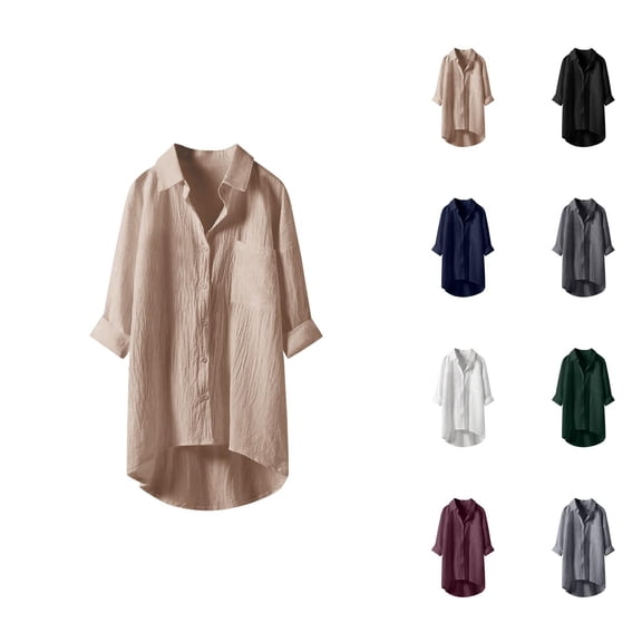Fall Shirts for Women 2025 Solid Color Button Down Lapel Linen Business Casual Tops Long Sleeve Shirts for Women