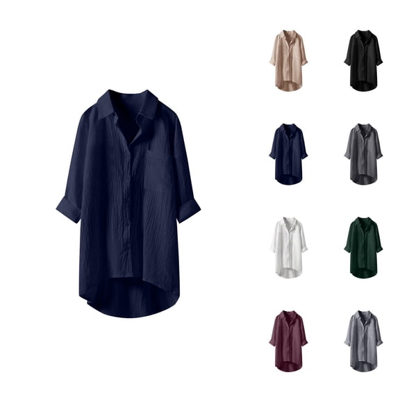 Fall Shirts for Women 2025 Solid Color Button Down Lapel Linen Business Casual Tops Long Sleeve Shirts for Women
