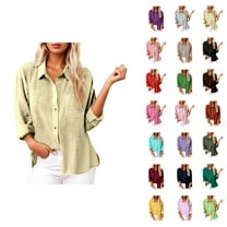 Fall Shirts for Women 2025 Solid Color Button Down Lapel Linen Shirt Business Casual Tops Long Sleeve Shirts for Women