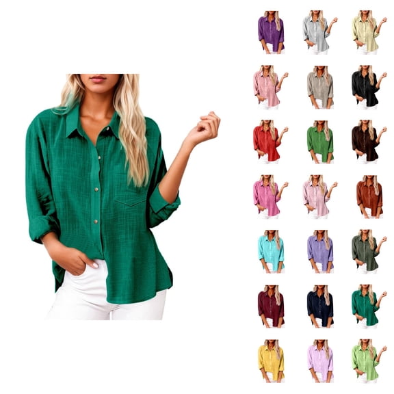 Fall Shirts for Women 2025 Solid Color Button Down Lapel Linen Shirt Business Casual Tops Long Sleeve Shirts for Women