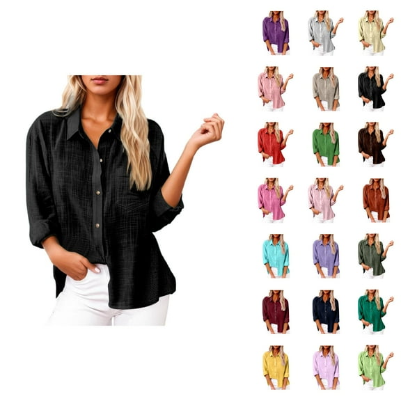 Fall Shirts for Women 2025 Solid Color Button Down Lapel Linen Shirt Business Casual Tops Long Sleeve Shirts for Women