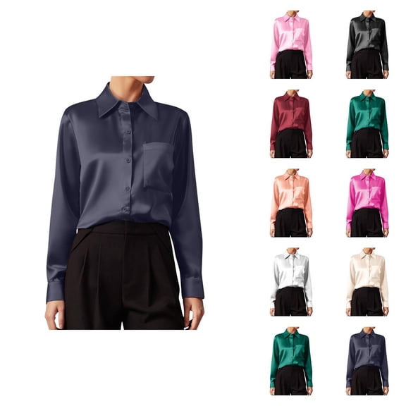Fall Shirts for Women 2025 Solid Color Button Down Satin Lapel Business Casual Tops Long Sleeve Shirts for Women