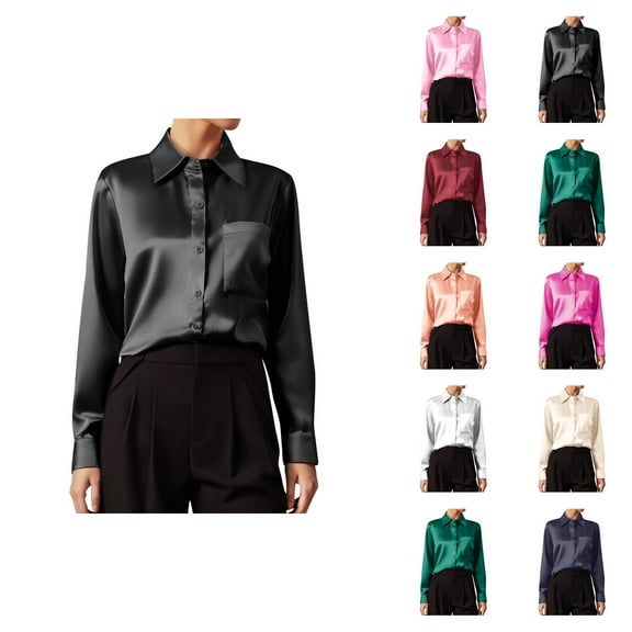 Fall Shirts for Women 2025 Solid Color Button Down Satin Lapel Business Casual Tops Long Sleeve Shirts for Women