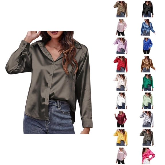 Fall Shirts for Women 2025 Solid Color Button Down Satin Lapel Casual Blouse Tops Long Sleeve Shirts for Women