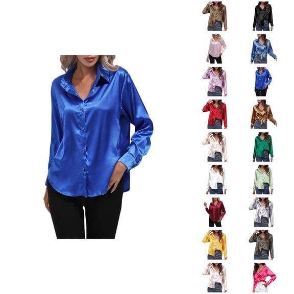Fall Shirts for Women 2025 Solid Color Button Down Satin Lapel Casual Blouse Tops Long Sleeve Shirts for Women