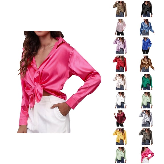 Fall Shirts for Women 2025 Solid Color Button Down Satin Lapel Casual Blouse Tops Long Sleeve Shirts for Women