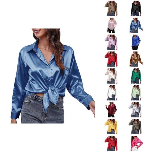 Fall Shirts for Women 2025 Solid Color Button Down Satin Lapel Casual Blouse Tops Long Sleeve Shirts for Women
