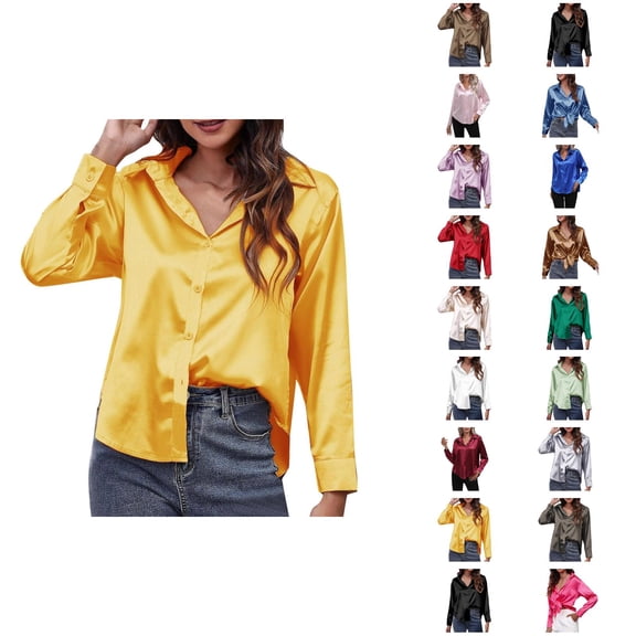 Fall Shirts for Women 2025 Solid Color Button Down Satin Lapel Casual Blouse Tops Long Sleeve Shirts for Women