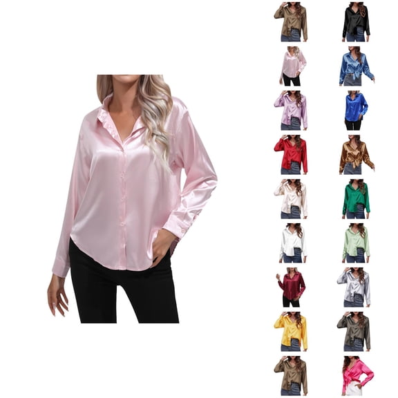 Fall Shirts for Women 2025 Solid Color Button Down Satin Lapel Casual Blouse Tops Long Sleeve Shirts for Women