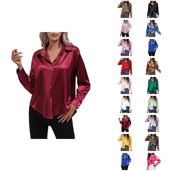 Fall Shirts for Women 2025 Solid Color Button Down Satin Lapel Casual Blouse Tops Long Sleeve Shirts for Women