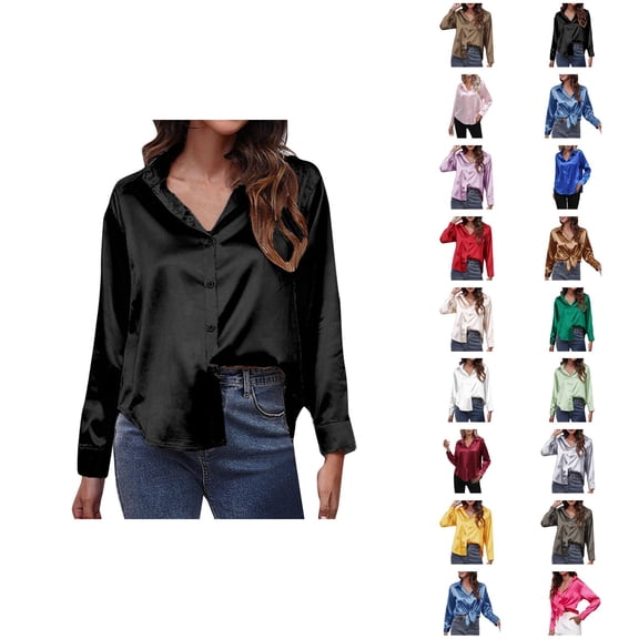 Fall Shirts for Women 2025 Solid Color Button Down Satin Lapel Casual Blouse Tops Long Sleeve Shirts for Women