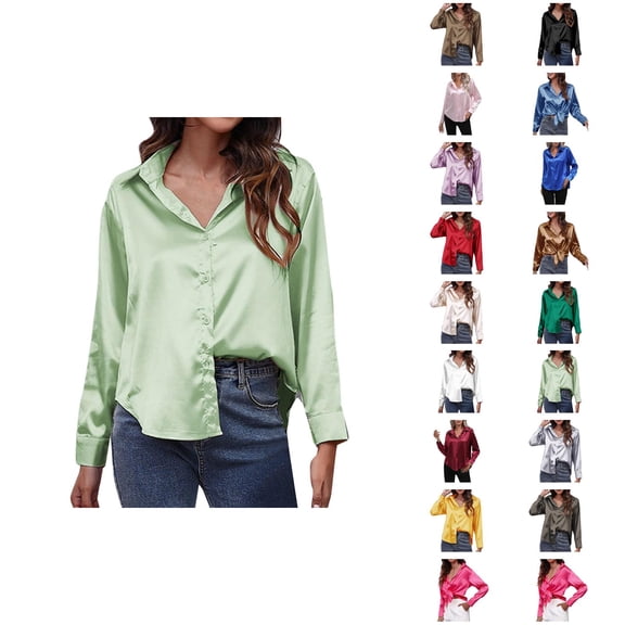 Fall Shirts for Women 2025 Solid Color Button Down Satin Lapel Casual Blouse Tops Long Sleeve Shirts for Women