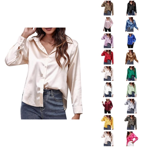 Fall Shirts for Women 2025 Solid Color Button Down Satin Lapel Casual Blouse Tops Long Sleeve Shirts for Women