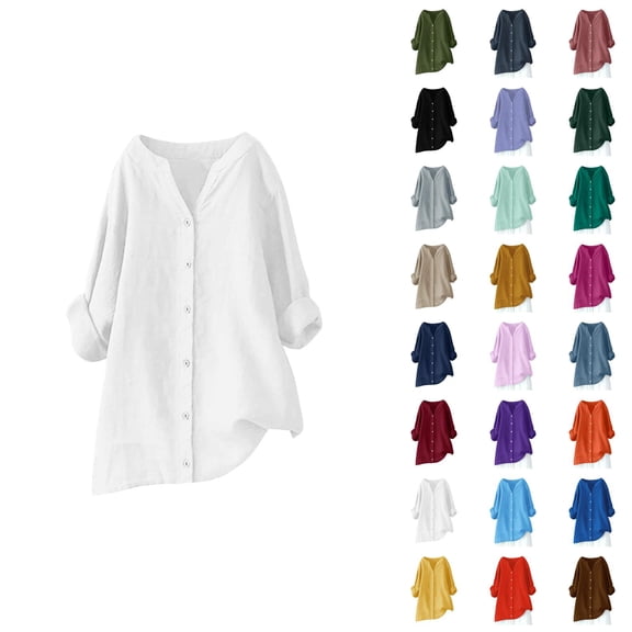 Fall Shirts for Women 2025 Solid Color Button Down V-Neck Loose Business Casual Tops Long Sleeve Shirts for Women