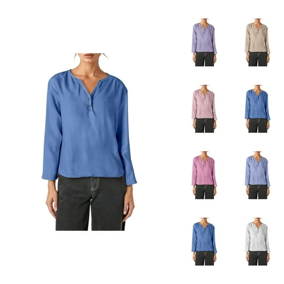 Fall Shirts for Women 2025 Solid Color Button V-Neck Casual Loose Blouse Going Out Tops Long Sleeve Shirts for Women