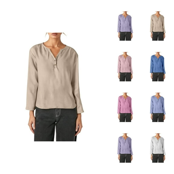 Fall Shirts for Women 2025 Solid Color Button V-Neck Casual Loose Blouse Going Out Tops Long Sleeve Shirts for Women