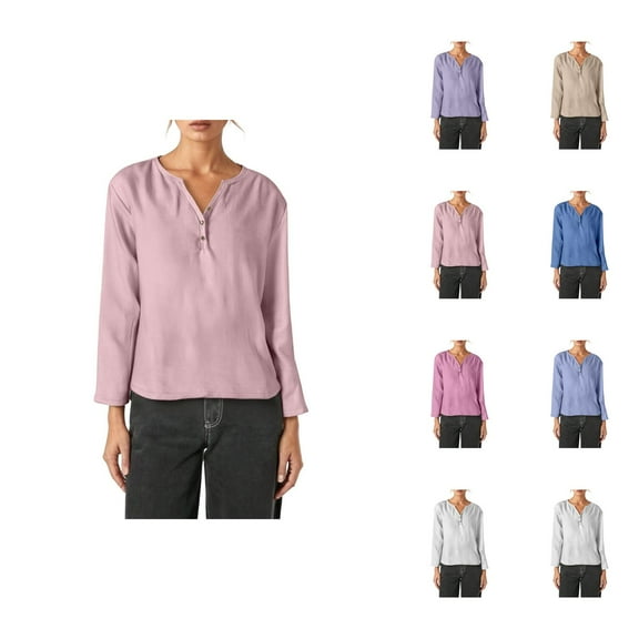 Fall Shirts for Women 2025 Solid Color Button V-Neck Casual Loose Blouse Going Out Tops Long Sleeve Shirts for Women