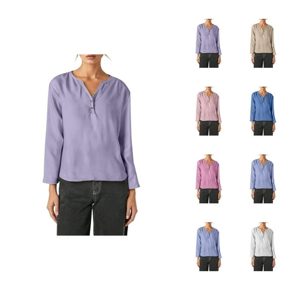 Fall Shirts for Women 2025 Solid Color Button V-Neck Casual Loose Blouse Going Out Tops Long Sleeve Shirts for Women