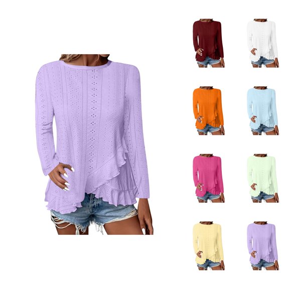 Fall Shirts for Women 2025 Solid Color Crewneck Eyelet Ruffle Hem Breathable Blouse Tops Long Sleeve Shirts for Women