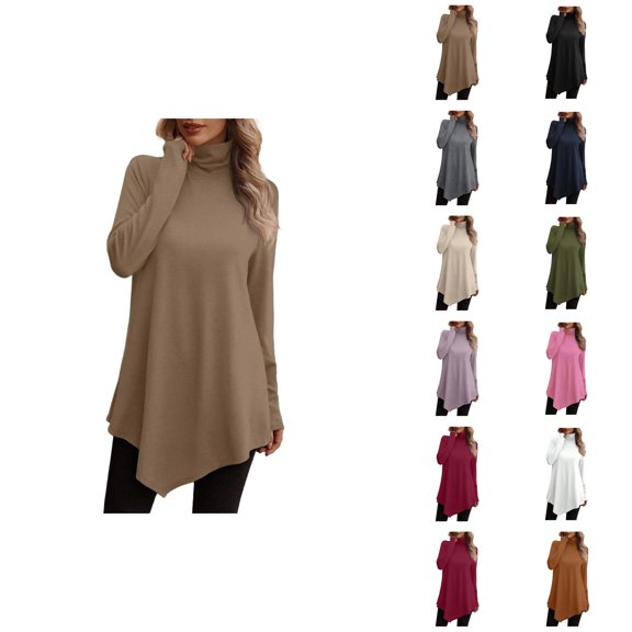 Fall Shirts for Women 2025 Solid Color Flowy Turtleneck Ruffle Hem Loose Going Out Tops Long Sleeve Shirts for Women