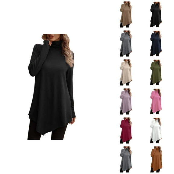 Fall Shirts for Women 2025 Solid Color Flowy Turtleneck Ruffle Hem Loose Going Out Tops Long Sleeve Shirts for Women