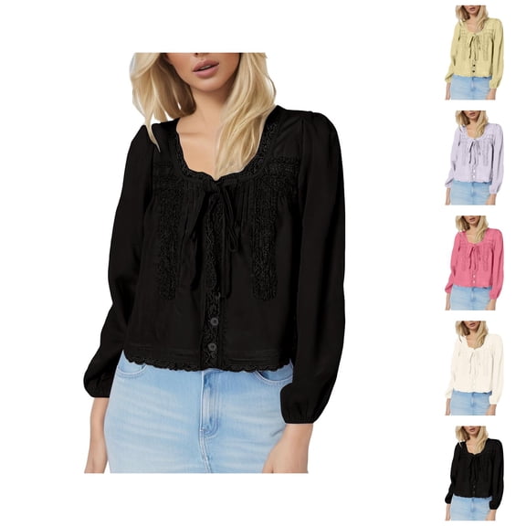 Fall Shirts for Women 2025 Solid Color Front Tie Y2K Button Lace Going Out Tops Blouse Long Sleeve Shirts for Women