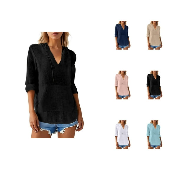Fall Shirts for Women 2025 Solid Color Hooded Shirt V-Neck with Pockets Loose Blouse Long Sleeve Shirts for Women