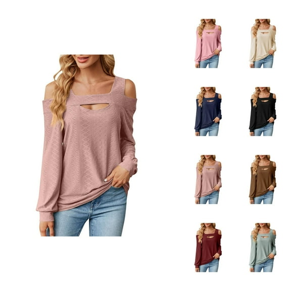 Fall Shirts for Women 2025 Solid Color Jacquard U Neck Hollow Out Loose Going Out Tops Long Sleeve Shirts for Women